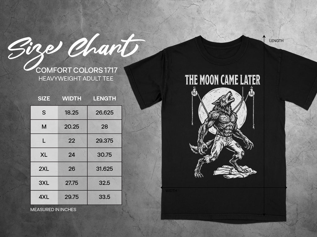 Size chart for Comfort Colors 1717 heavyweight adult tee with werewolf graphic.
