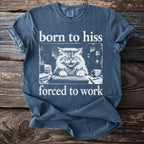 Blue t-shirt with white text and graphic of an angry cat at a computer.
